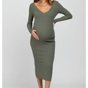 Light Olive V-Neck Long Sleeve Fitted Maternity Maxi Dress